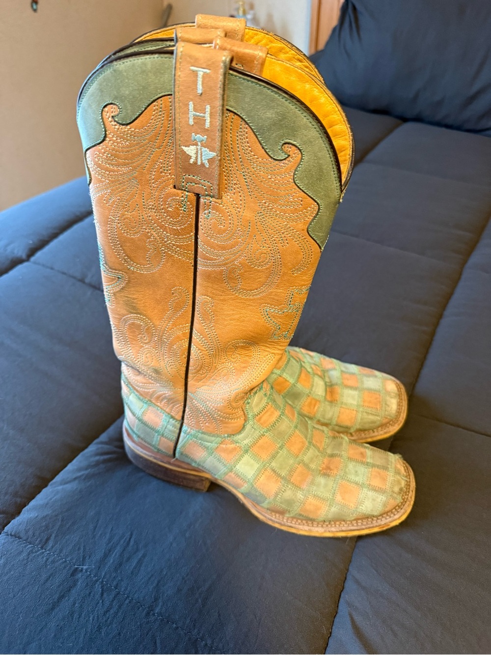 Tin Haul “no evil” Tan & Teal plaid Checkered Leather Cowboy Boots womens 6.5